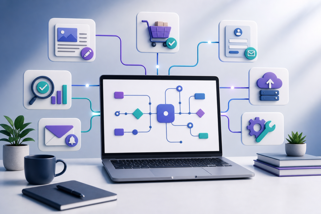 WordPress automation workflow connecting SEO, WooCommerce, forms, content, and maintenance tasks