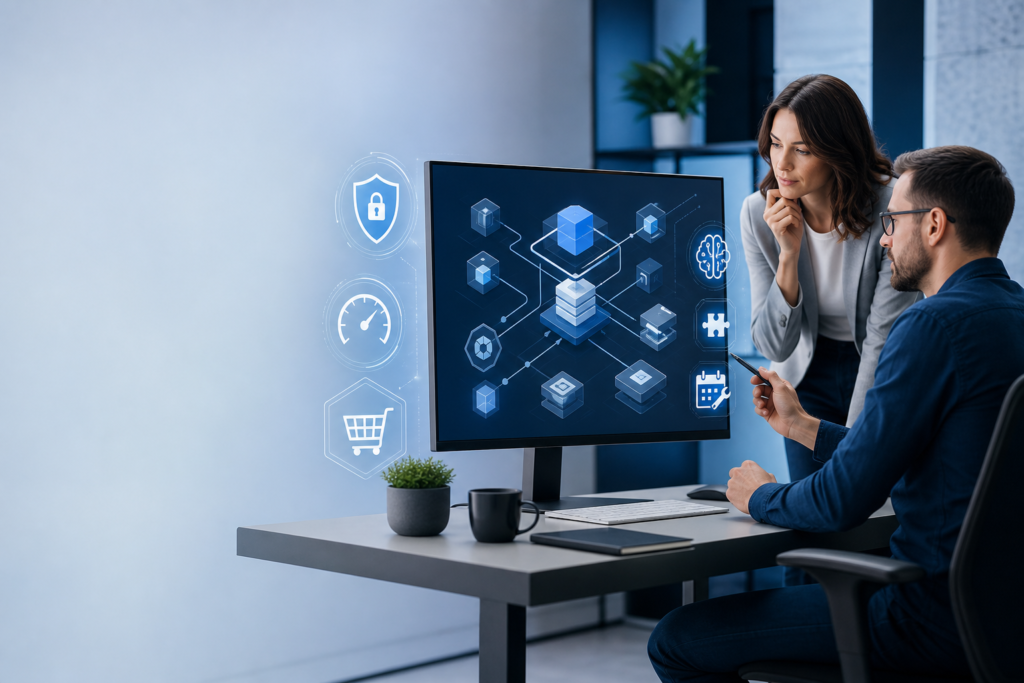 Business owner evaluating WordPress plugins for security, performance, AI, and ecommerce needs