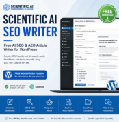 Scientific AI SEO Writer WordPress plugin promotion showing its article-generation dashboard on a laptop