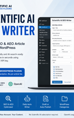 Scientific AI SEO Writer WordPress plugin promotion showing its article-generation dashboard on a laptop