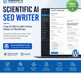 Scientific AI SEO Writer WordPress plugin promotion showing its article-generation dashboard on a laptop