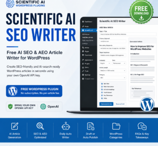 Scientific AI SEO Writer WordPress plugin promotion showing its article-generation dashboard on a laptop