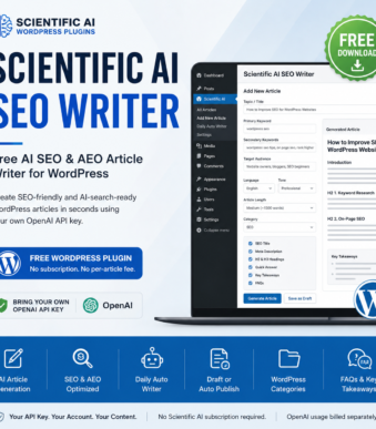 Scientific AI SEO Writer WordPress plugin promotion showing its article-generation dashboard on a laptop