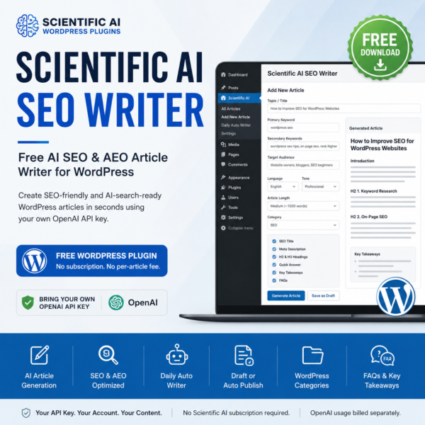 Scientific AI SEO Writer WordPress plugin promotion showing its article-generation dashboard on a laptop