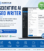 Scientific AI SEO Writer WordPress plugin promotion showing its article-generation dashboard on a laptop