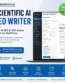 Scientific AI SEO Writer WordPress plugin promotion showing its article-generation dashboard on a laptop