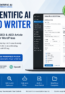 Scientific AI SEO Writer WordPress plugin promotion showing its article-generation dashboard on a laptop