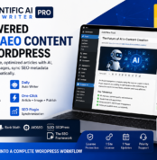 Scientific AI SEO Writer Pro WordPress plugin promotional graphic with AI content features and a laptop dashboard