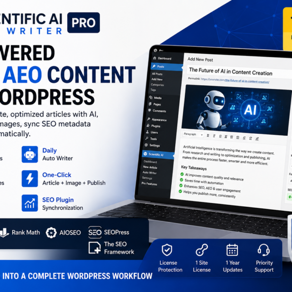 Scientific AI SEO Writer Pro WordPress plugin promotional graphic with AI content features and a laptop dashboard