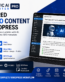 Scientific AI SEO Writer Pro WordPress plugin promotional graphic with AI content features and a laptop dashboard