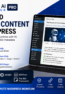Scientific AI SEO Writer Pro WordPress plugin promotional graphic with AI content features and a laptop dashboard
