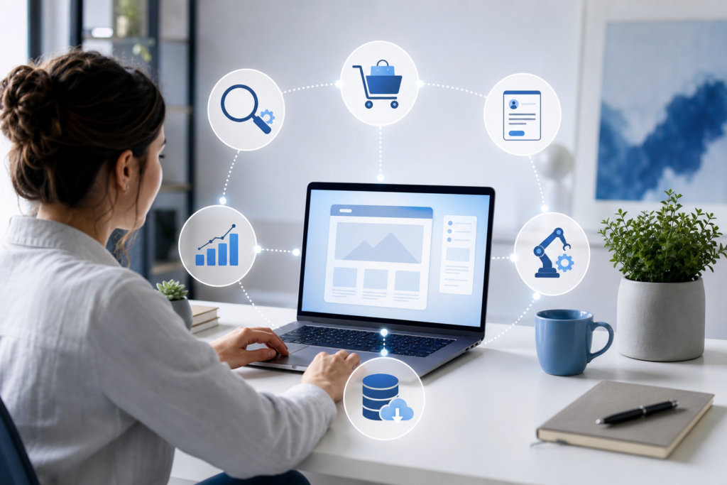 Small business WordPress plugin workflow planning with SEO, ecommerce, and automation concepts