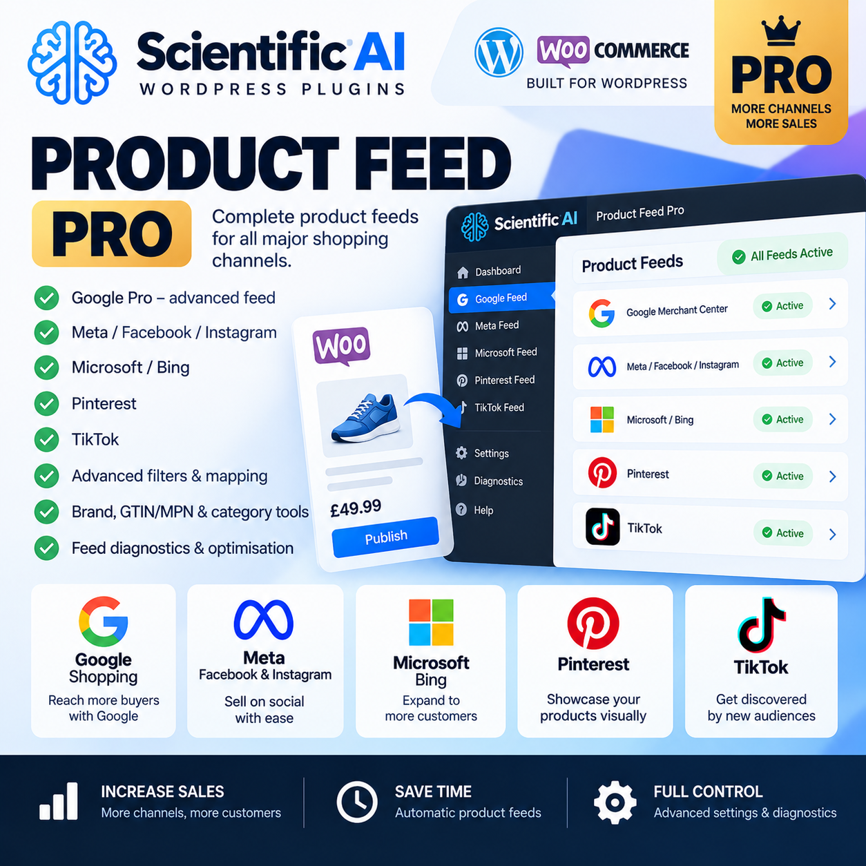 Scientific Ai Ltd Wordpress Scientific Ai Product Feed Pro Scientific AI Ltd WordPress Scientific AI Product Feed Pro dashboard with Google, Meta, Microsoft, Pinterest, and TikTok feed